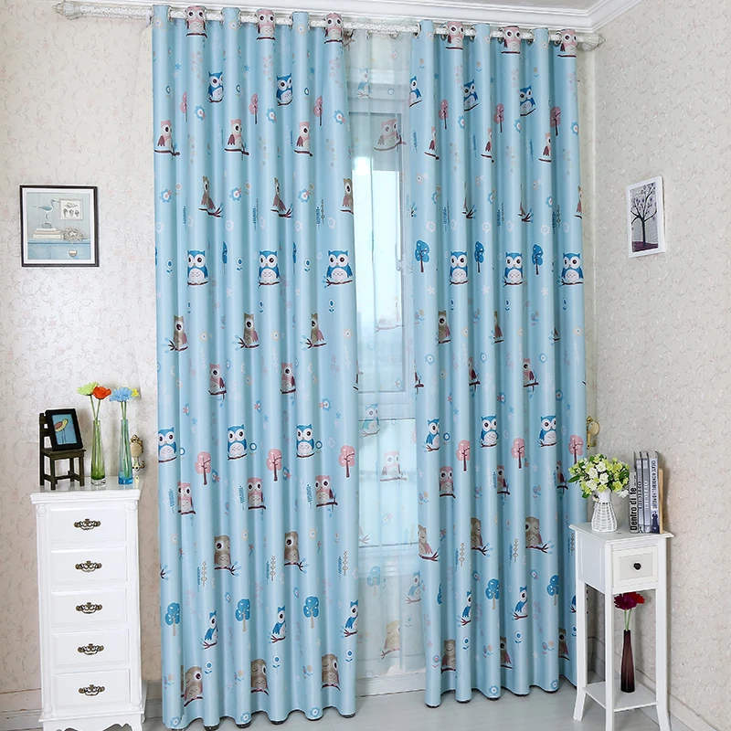Cartoon Blue Owl Animal Print Curtains Kids Children Bedroom Thick