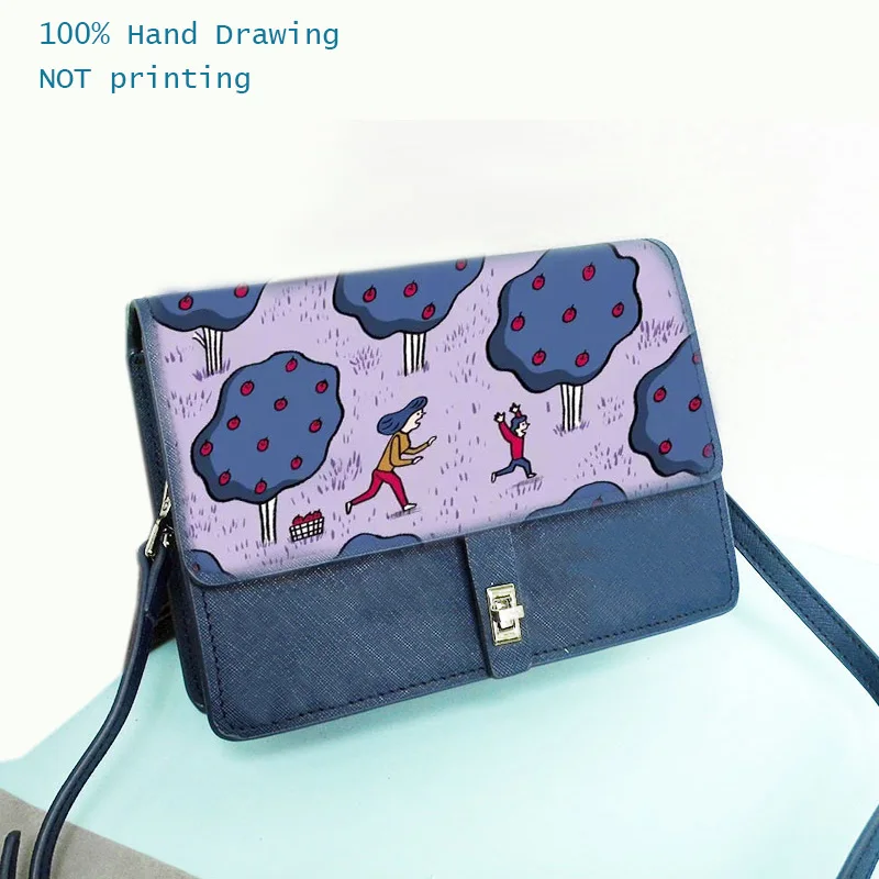

Gamystye Handmade Hand Painted Tree Prints Crossbody Bags Lock Hasp Genuine Leather Women Handbags Blue Mini Ladies Clutch Bags