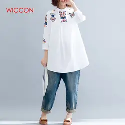 Плюс Размеры M-5XL женские блузки из хлопка и льна с вышивкой бабочки блузка свободные топы Для женщин рубашка средней длины рубашки модные