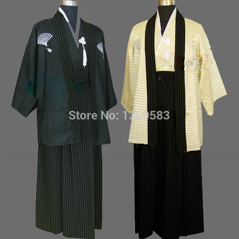 Free Shipping japanese traditional Men's Black Beige Satin Cotton robe