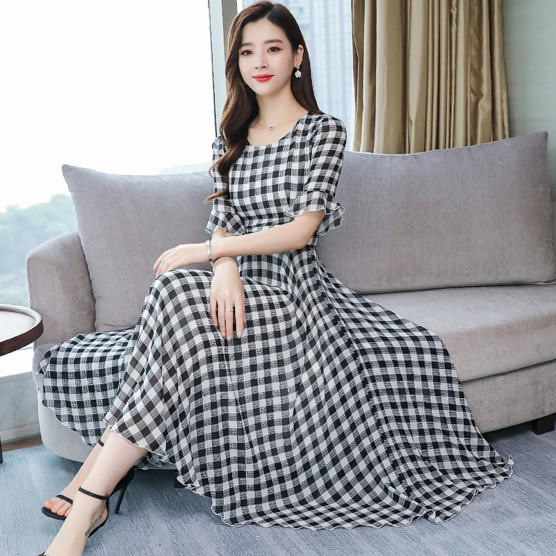 

Lady Long Chiffon Dress 2019 New Korean Women Short Sleeve Plaid Summer Dresses