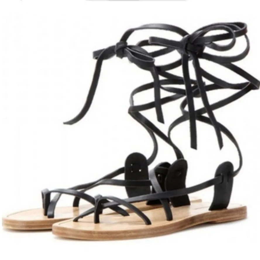 

2016 Tropical New Designer Faux Raw Leather Strappy Roman Goth Gladiator Thong Lace Up Sandals Flat Heels Shoes Big size 35-41