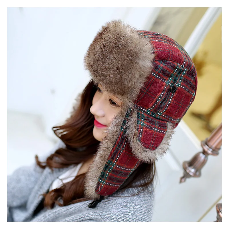 

Newly Checkered Winter Bomber Hat For Women Men Russian Hat Unisex Earflap Hat Cap Cold Winter Earmuff Trooper Hat