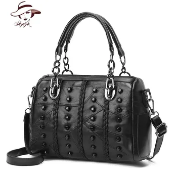 

Genuine Leather New Fashion Famous Brand Rivet Knitting Black Women Bag Female Messenger Bags Large Tote Ladies Shoulder Handbag