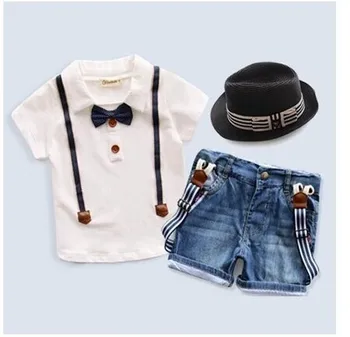 

2016 Summer children's clothing set Outfits Sets Kids Cloth boys 2 pcs set Bow Tie Short Sleeve T-shirts Denim Suspender Shorts