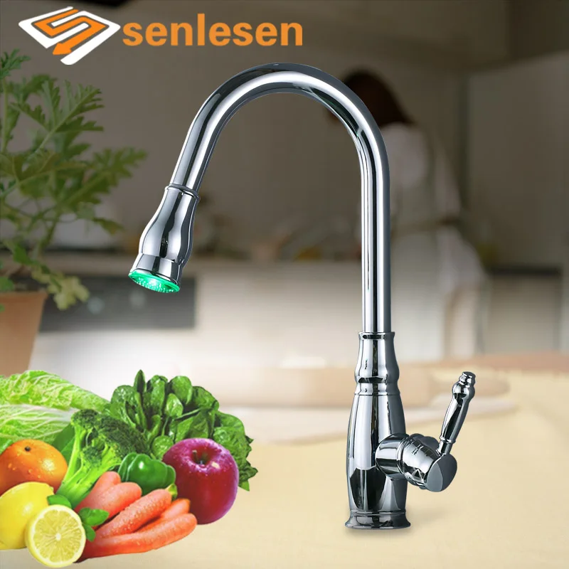 Senlesen смеситель для кухонной раковины вытяжной опрыскиватель LED/No LED кран латунный