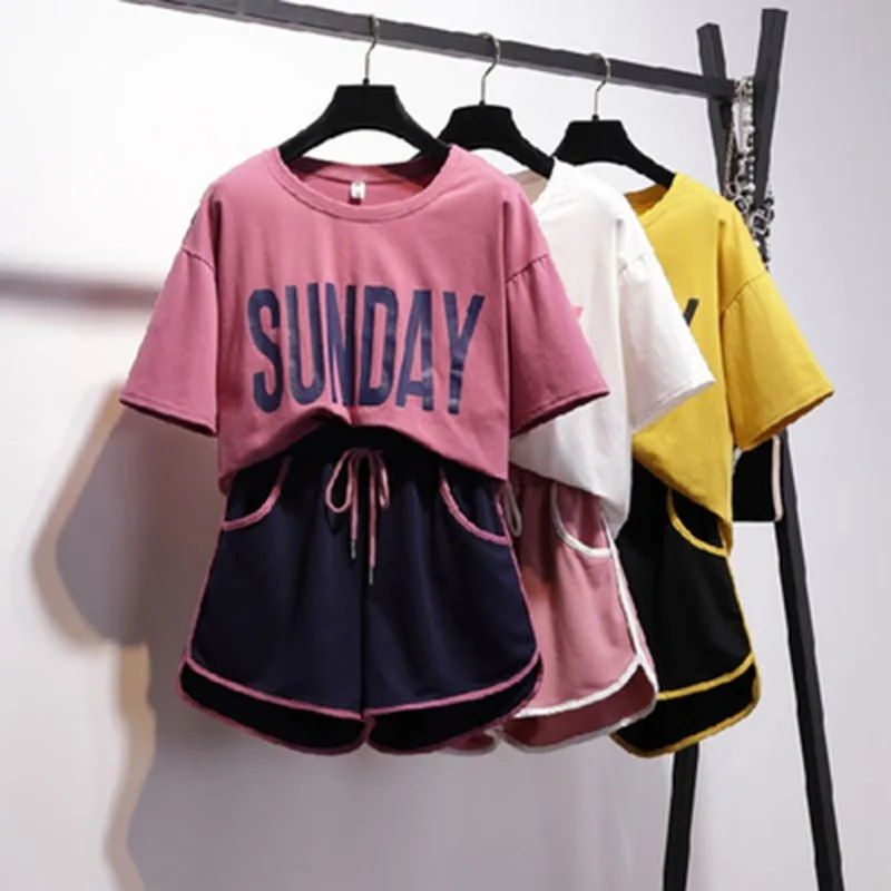 2019 Новый Повседневный Модный женский топ из двух предметов с шортами, Спортивная футболка с круглым вырезом и короткими рукавами + шорты