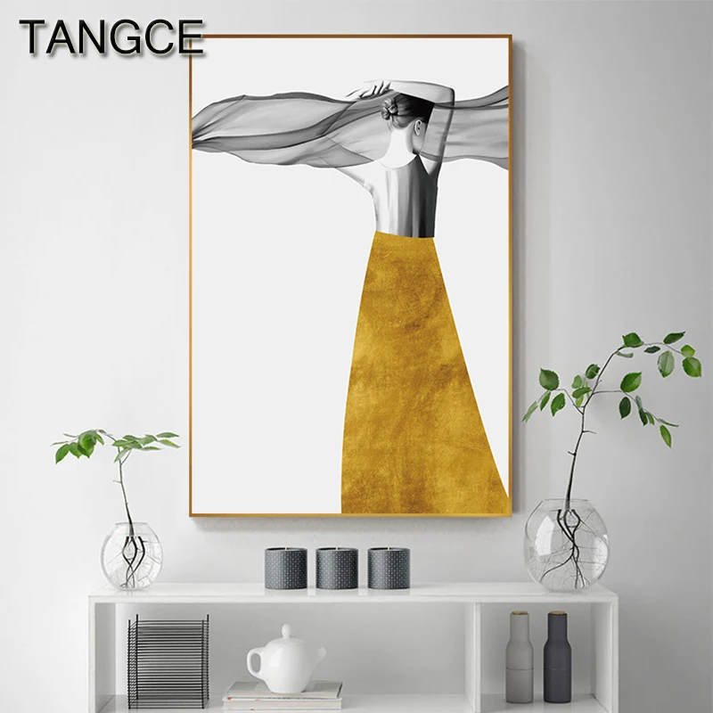 

Abstract Yellow Dress Gorgeous Girl Sexy Back Canvas Painting Fashion Wall Art Cuadro For Living Room Nordic Style Print Poster