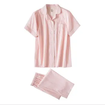 

2020 Summer Female Casual Solid Pajama sets Ladies 100% Cotton Sleepwear suit Women Turn-down Colla shirt & Pants Plus size