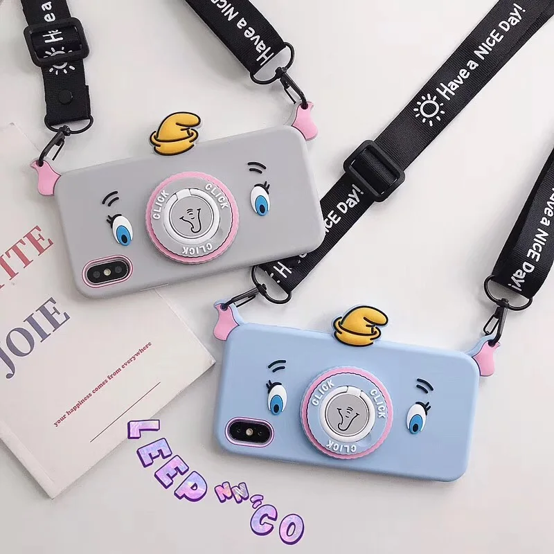 

For Iphone X XR XS MAX Cartoon Dumbo Elephant Camera with Ring Holder Strap Phone Case for IPhone 6 6S 7 8 Plus Cute Soft Case
