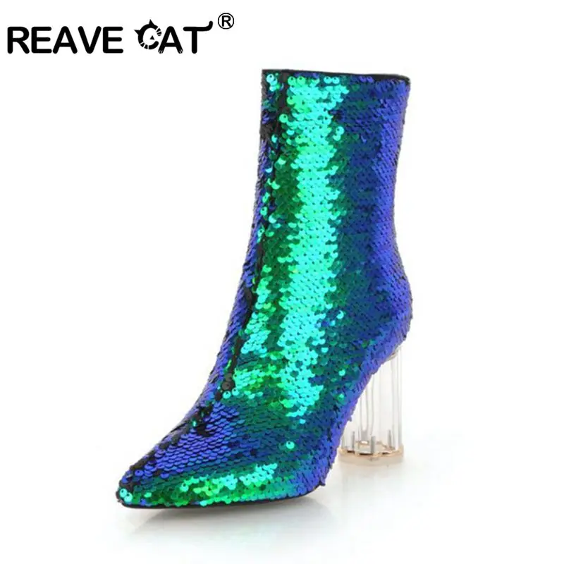 

REAVE CAT Ankle boots for women Sequined cloth Thick heel Clear heel Pointed to Zipper Botas feminino mujer Shoes women A1408