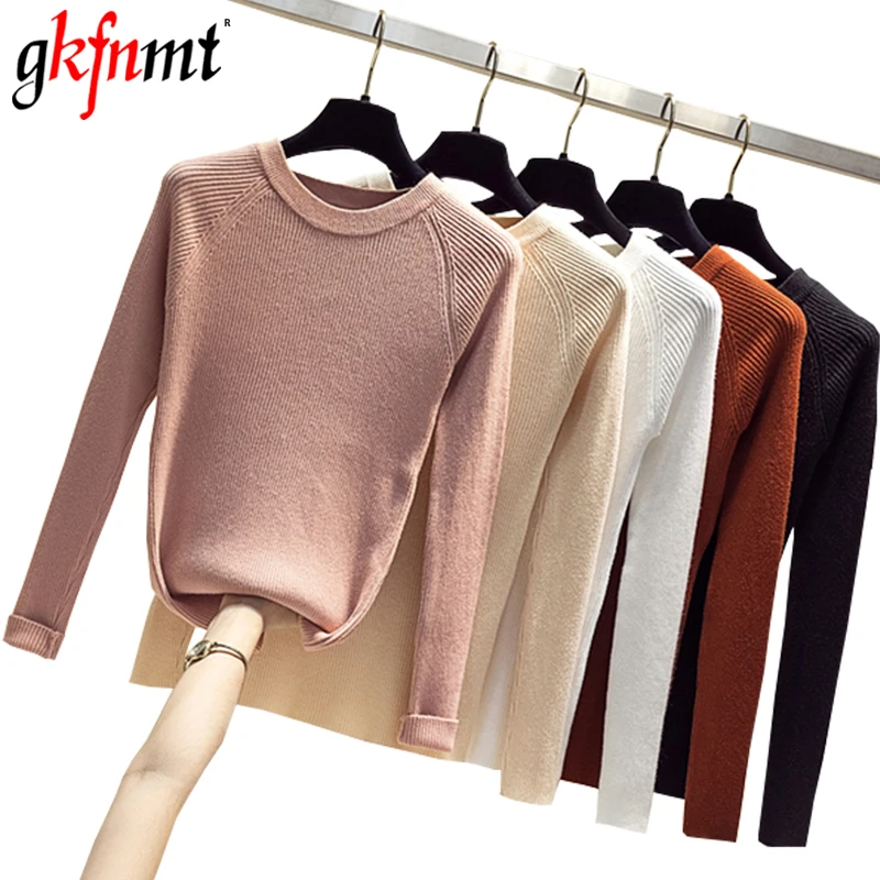

gkfnmt 2019 Autumn Winter Women Knitted O-Neck Sweater Soft Jumper Fashion Slim Femme Elasticity Pullovers Long Sleeve Sweaters