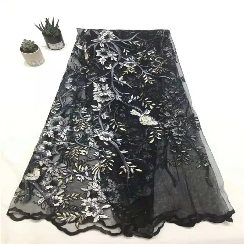 

High Quality 5 yards/lot Black Embroidered Nigerian Net Lace Fabric French Lace African Lace Fabric For Party Dress HX1254-1