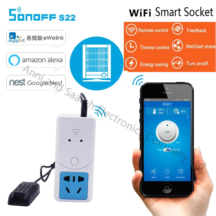 Itead Sonoff wifi умная розетка с датчиком контроля температуры и влажности US/UK/EU/AU S22 розетка для автоматизации умного дома