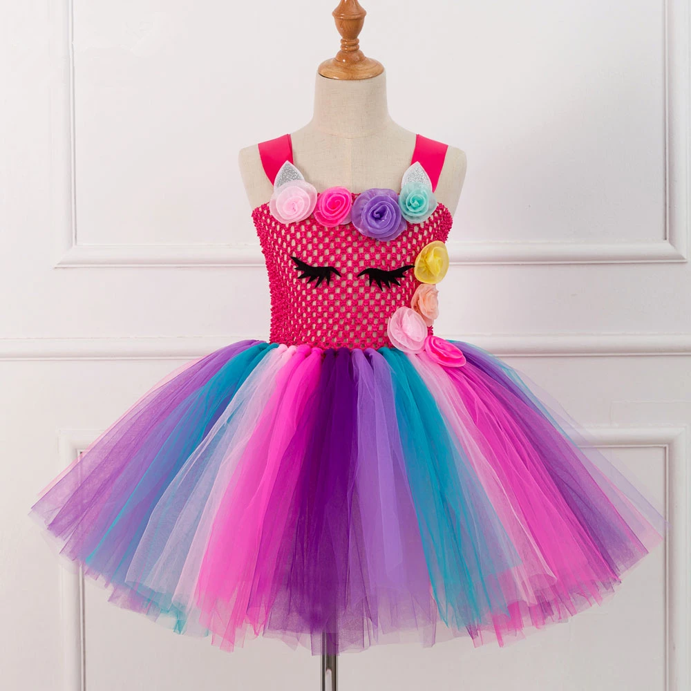 Halloween Girl Rainbow Unicorn Costumes Flower Kids Tutu Dresses Unicornio Party Birthday Girls Dress Headband For Children Sets (8)