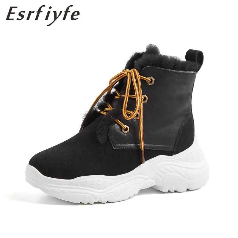 

ESRFIYFE 2019 New Sheep Fur Integration Snow Boots Hot Sale Women Winter Boots Wedge Platform Lace Up Female Solid Color Shoes