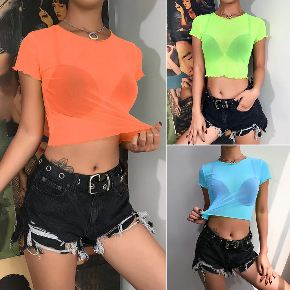 

Ladies Women T-shirt Fashion Mesh Spring Summer Tee Hollow Out Slim Fit Solid Short Sleeve Crop Top Crew Neck Sexy