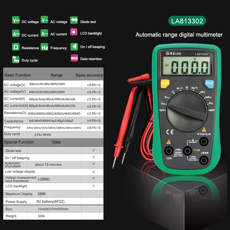 LAOA цифровой дисплей мультиметр Ручной Автоматический диапазон тест er маленький карманный Электрический тест er метр с тестовыми проводами - Цвет: LA813302