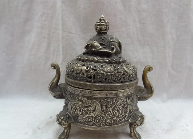 

S3840 Tibet Bronze Buddhism Dragon Lion Head Statue Elephant Incense Burner Censer D0317