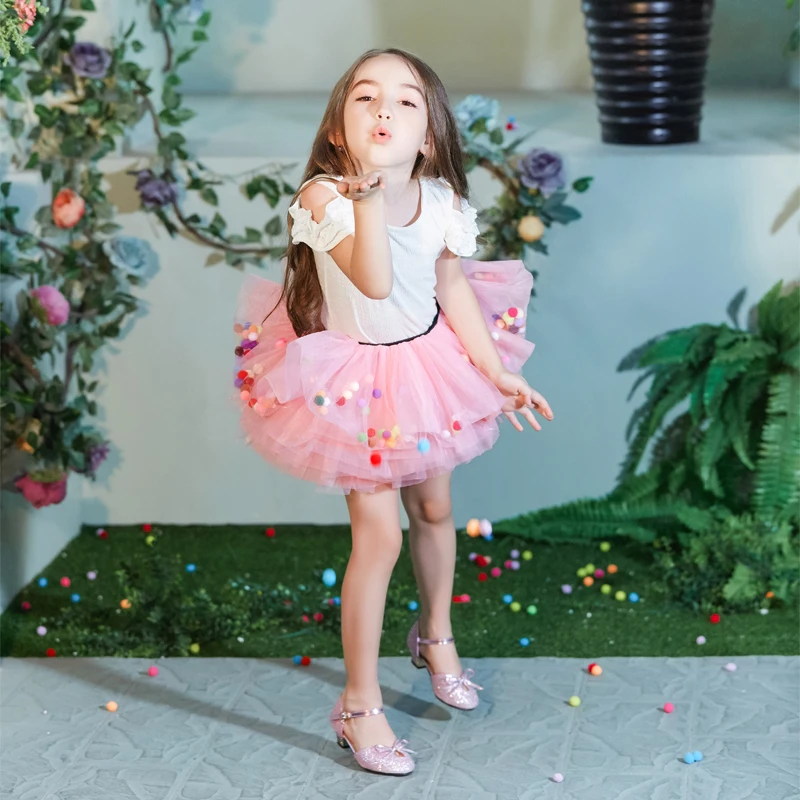 Buenos Ninos Baby Girls Fluffy 8-Layers Ballet Dance Pettiskirt Girl Princess Tulle Skirt With Pompom Puff Balls For 1-6T2