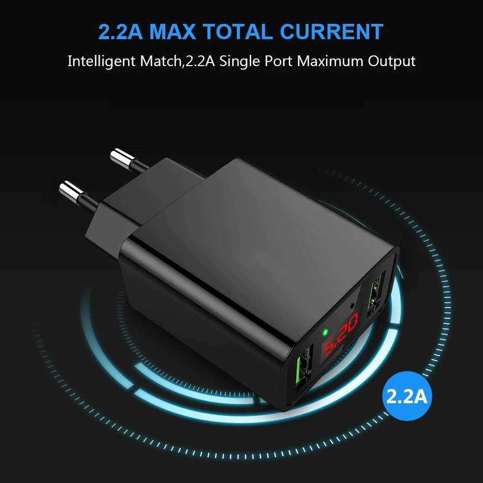 CHOETECH-Dual-USB-Charger-LED-Display-5V-2-2A-Smart-Charging-US-EU-Plug-Wall-Travel_