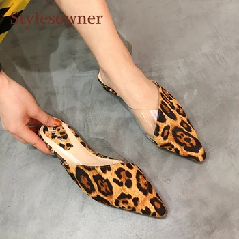 

Stylesowner 2019 New Coming Fashion Lady Half Slipper Outdoor Shoes Leopard Flat with Slip on Slides Pointed Toe Sexy Mules Shoe