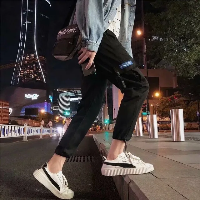 8207 black Уличная одежда с лентами, повседневные штаны для мужчин, черные тонкие мужские штаны для бега с боковыми карманами, хлопковые мужские брюки - Цвет: 8207 black
