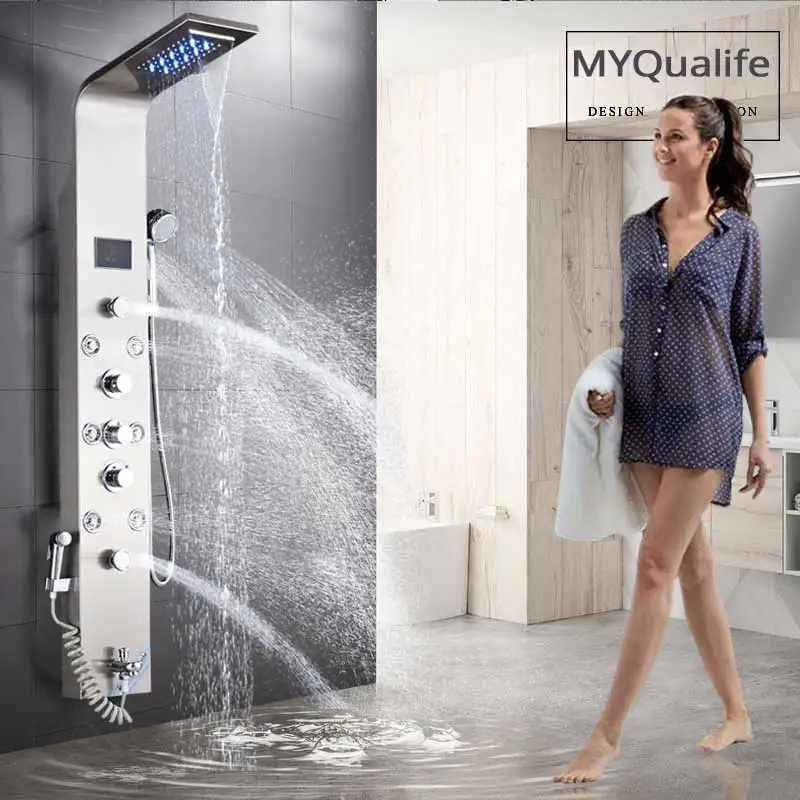

LED Light Rain Waterfall Shower Panel Brushed Nickel Shower System Digital Screen 3 Handles Handheld Bidet Head Shower Column