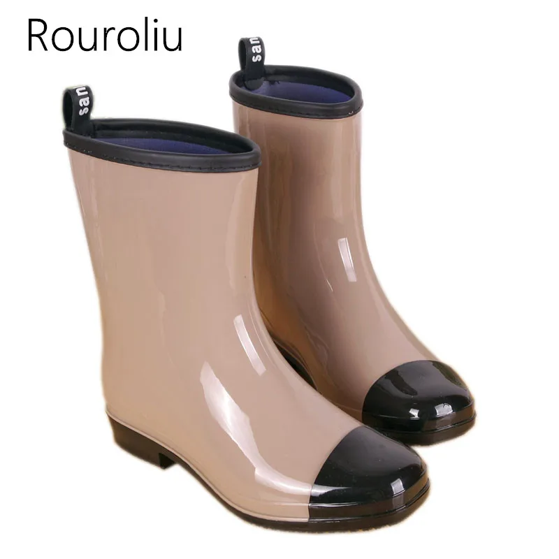 

Rouroliu Mixed Colors Rain Boots Women Mid-calf Waterproof Water Shoes Woman Rainboots Slip-on Wellies Warm Socks TR150