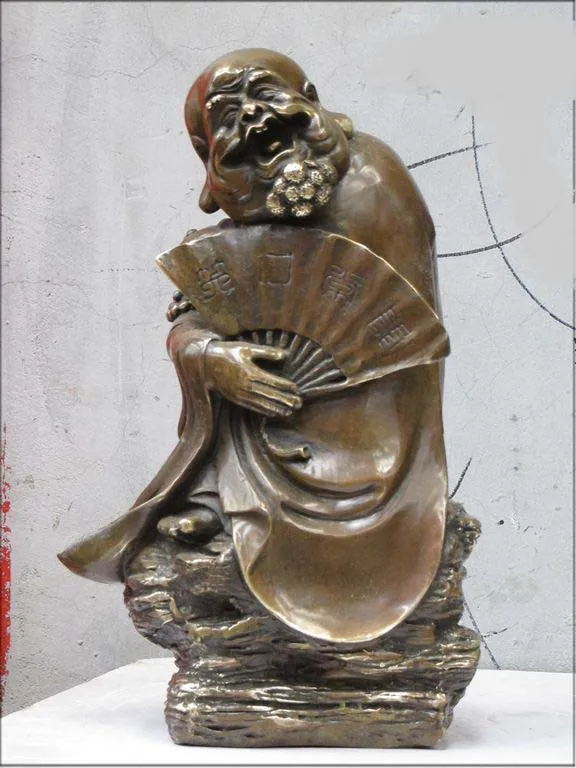 

13"China bronze Lucky ready smile statue Laugh often Tamo Monk take Fan