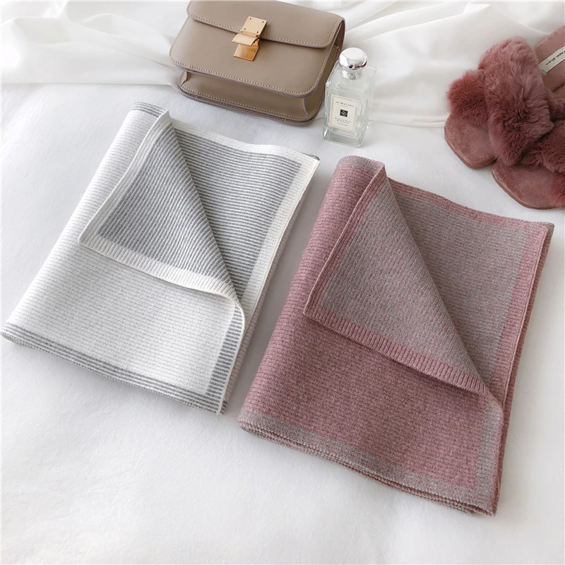 

Luna&Dolphin Women European Big Shawl 180x30cm Wool Winter Strip Two Sides Wool Stole Pashmina Chic Black White Blankt Scarf