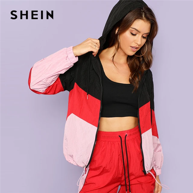 SHEIN Multicolor Casual Colorblock Cut And Sew Zipper Up Hooded Drawstring Jacket Women Autumn