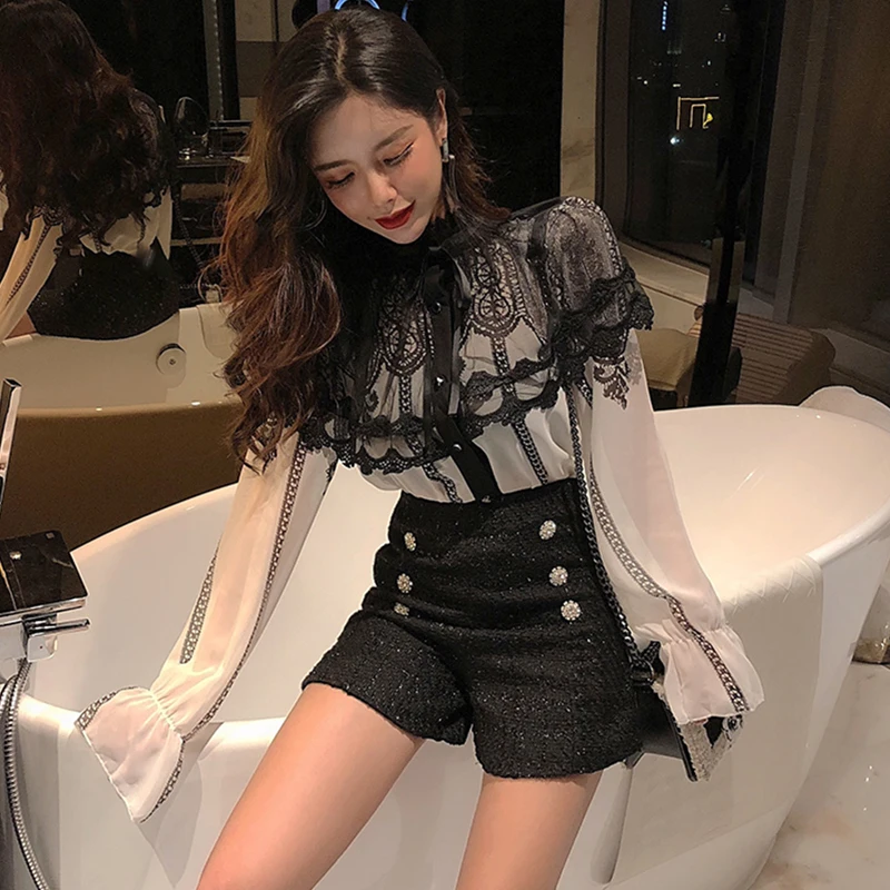

temperament Women's Clothing Blouses fashion woman stand chiffon shirts lace patchwork perspective tops spring fashion new