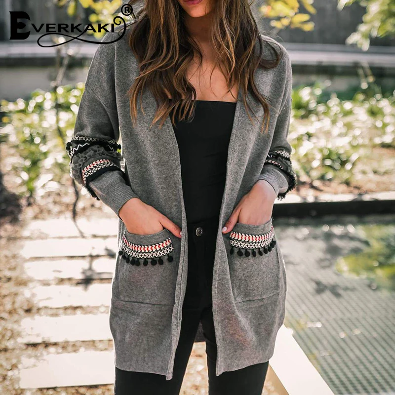 Everkaki Boho Tassels Knitted Long Cardigans Sweater Women With Pockets Warm Coats Bohemian 2020 Autumn Winter |
