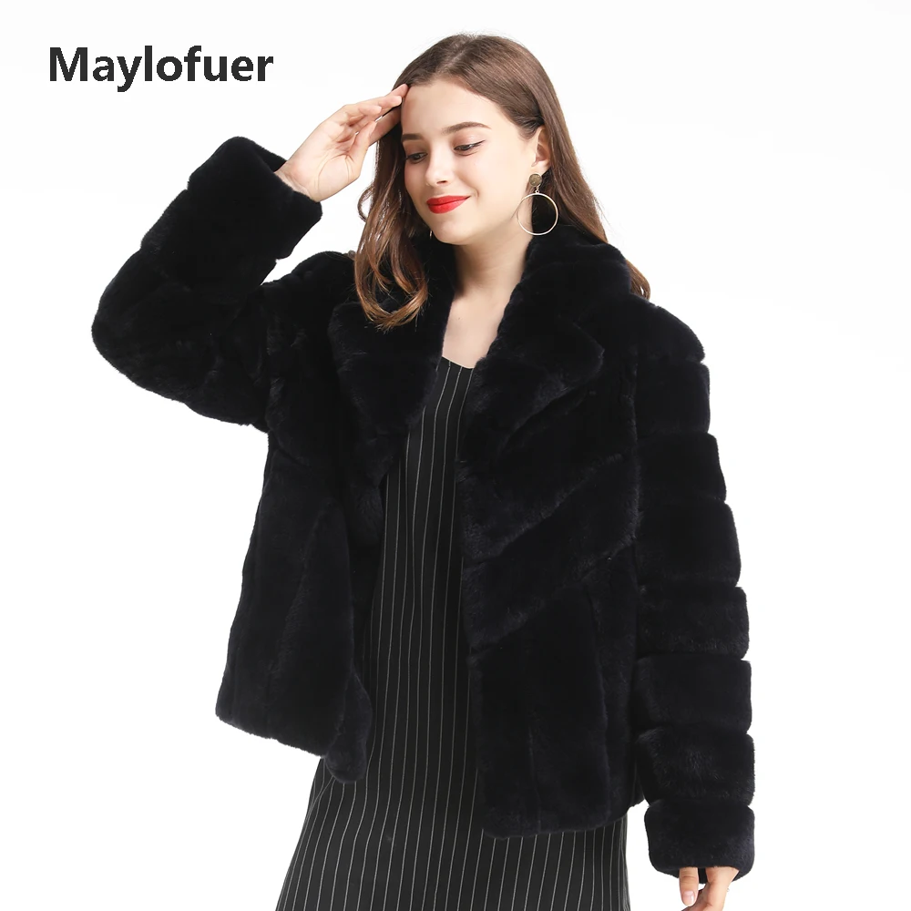

Maylofuer Smooth Real Rex Rabbit Fur Coat Strips Pattern Women Natural and Genuine Rabbit Fur Coats Black Color
