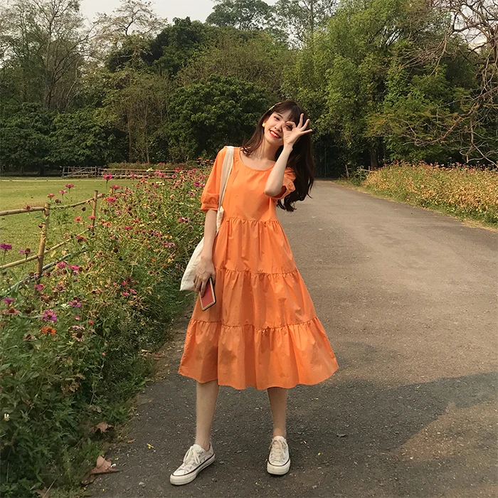 

2019 summer new robe femme Korean simple solid color dress short sleeve round neck casual loose cotton long vestidos romantic