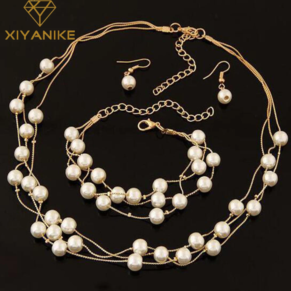 Imitation Pearl Jewelry Set Simulated Pearl Double Layer Women Earrings