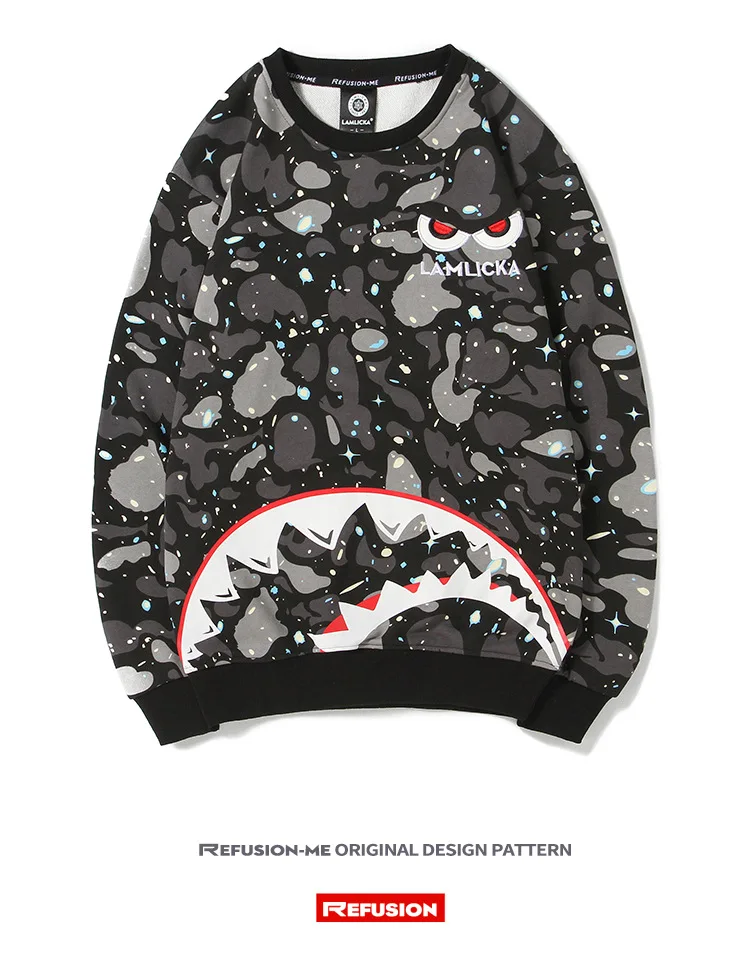 Ape Thrash/новые свободные пуловеры с длинными рукавами камуфляжной расцветки с изображением акулы для молодых людей, Короткие хлопковые Повседневные пуловеры с круглым вырезом и принтом в стиле хип-хоп, Лидер продаж