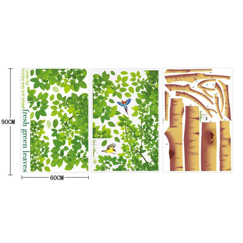 Большой размер 310*204 см гостиная/ТВ фон DIY наклейки очень большие Свежие зелёные листья Дерево Птицы наклейки на стену, Плакат Наклейка