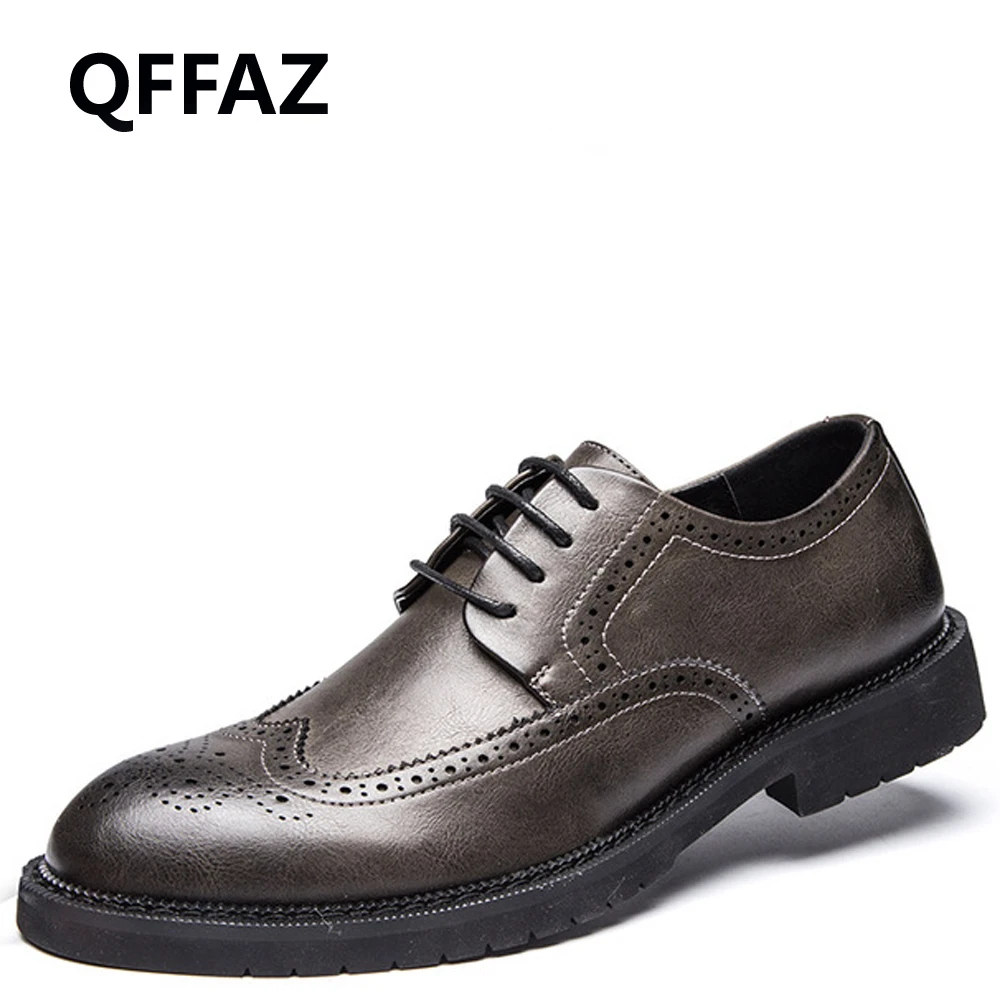 QFFAZ Spring Autumn Men Formal Wedding Shoes Luxury Brogue Business Dress Genuine Leather Pointy Big Size 38-46 | Обувь