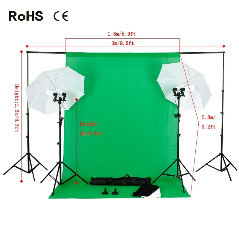 

Photo Studio Backdrop Umbrella Lighting Kit Set +2.6m*3m Background Support Stand+1.8m*2.8m cotton backdrops+4*135w Light Bulb