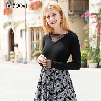 

Patchwork mesh knitted pullover Fashion Black autumn transparent winter sweater women Casual embroidery white jumper pull femme