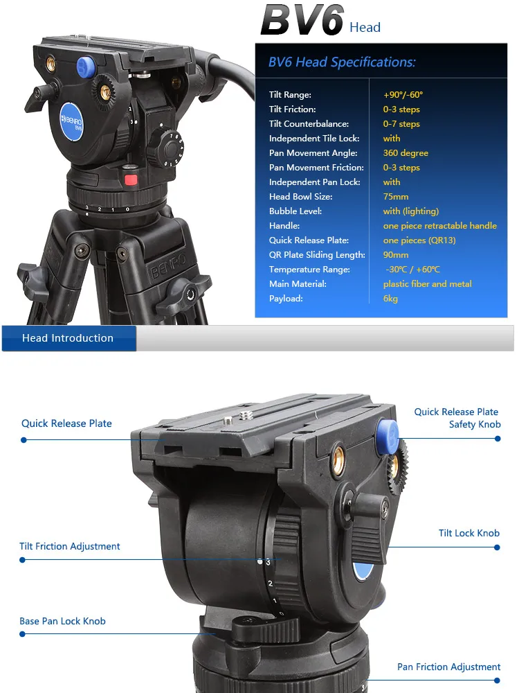 Benro BV6 Профессиональный штатив для камеры/Видео штатив/Dslr видео штатив демпфирующая головка для видео