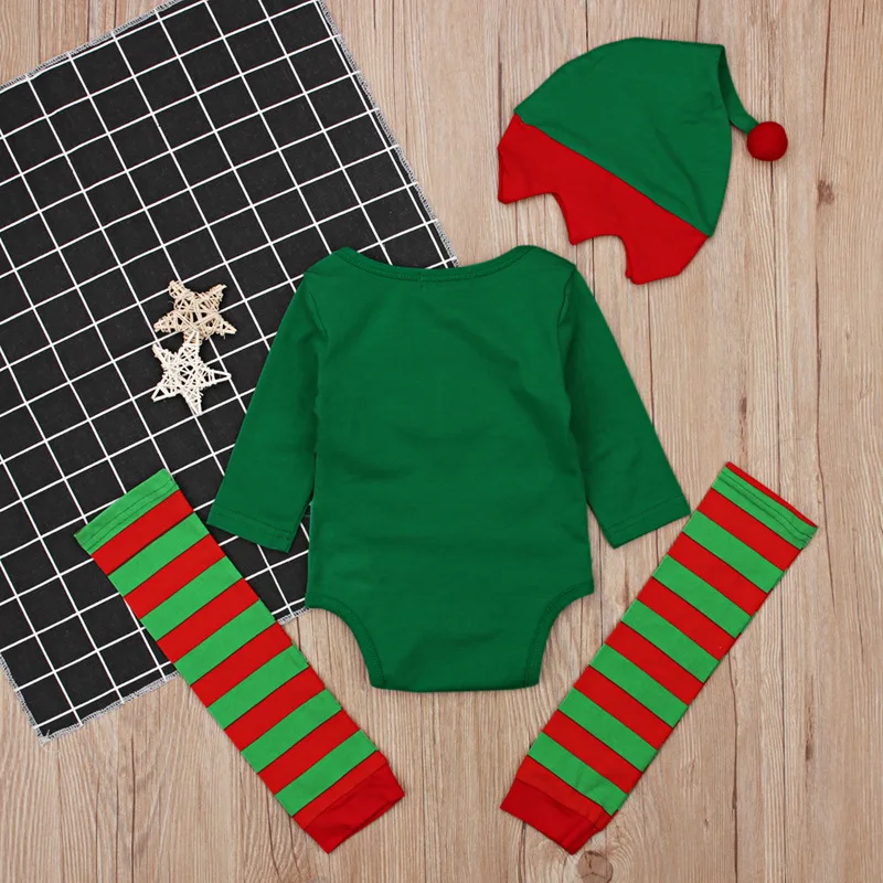 Новинка года, Рождественский костюм-комбинезон для маленьких мальчиков детская зеленая одежда комплект детской одежды с длинными рукавами для малышей, топ+ шляпа+ штаны