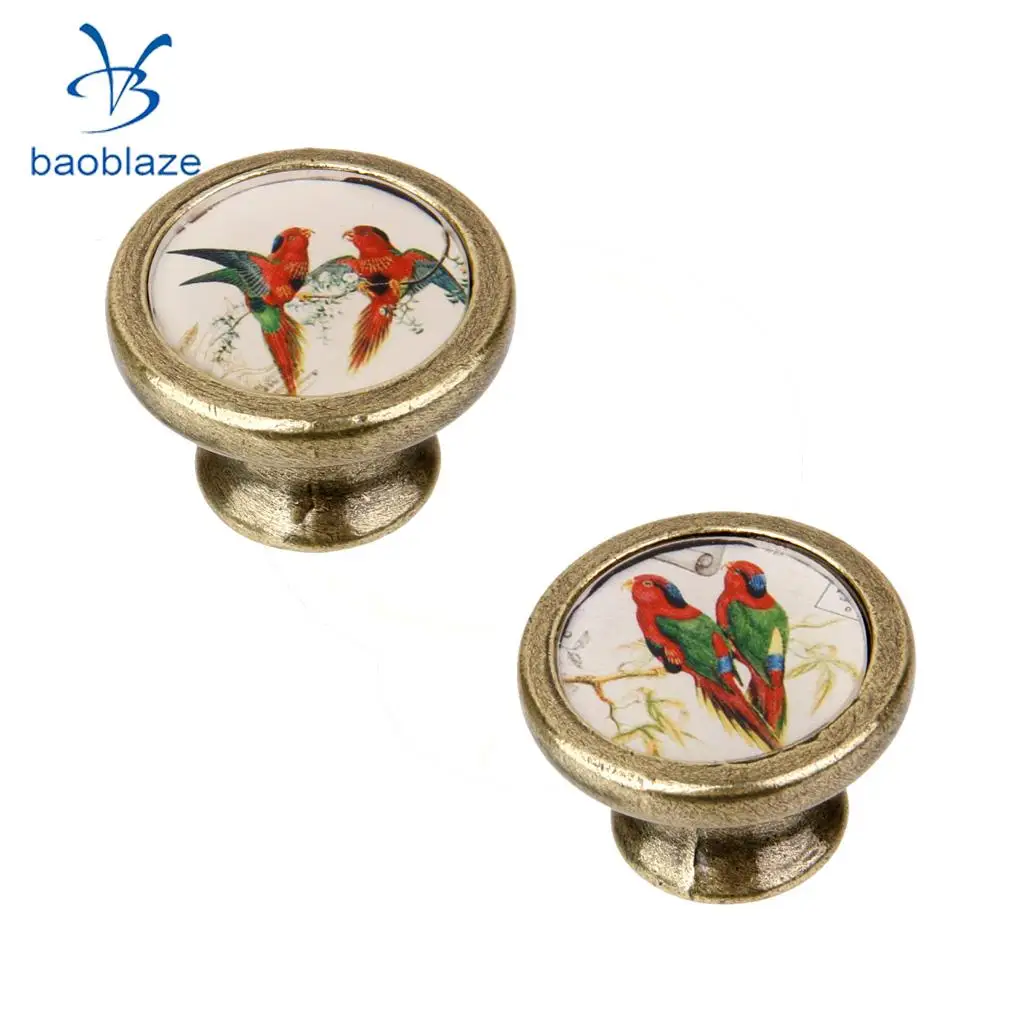 2 Pieces Antique Brass Cabinet Drawer Round Pulls Wardrobe Cabinet Door Cupboard Knob Handle Colorful Birds Pattern