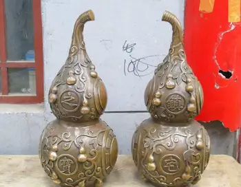 

China Feng Shui Ba Gua Diagrams Copper Bronze Calabash Bottle gourd statue Pair