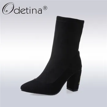 

Odetina New Fashion Black Suede Ankle Boots Women High Square Heel Floral Flower Embroider Boots Autumn Winter Shoes Big Size 46