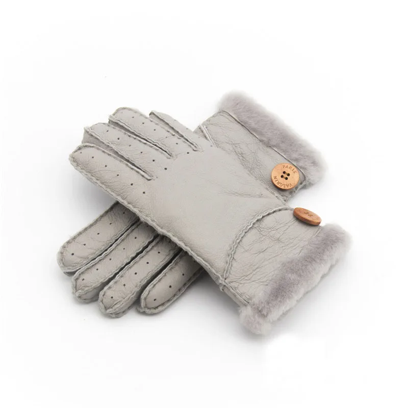 Зимние лыжные перчатки из натуральной овечьей кожи, шерстяные меховые перчатки, теплые зимние женские уличные перчатки, перчатки для девушек, варежки для женщин - Цвет: gray