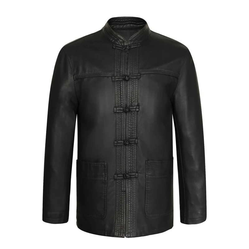 Mens Black Ethnic Tang Suit Mandarin Collar PU Leather Kong Fu Jackets Faux Leather Tangzhuang Tunic Coat Mens Vintage Outerwear black king kong 936 constant temperature electric iron head tip k knife head inner thermal 900m soldering iron tip solder head