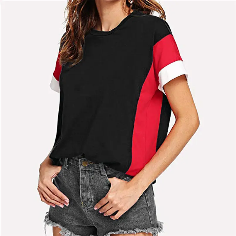 Summer Women Loose Color Block Blouse Short Sleeve Casual Tee Fashion Women Girls Clothes Camisetas Mujer 35DE25 (1)